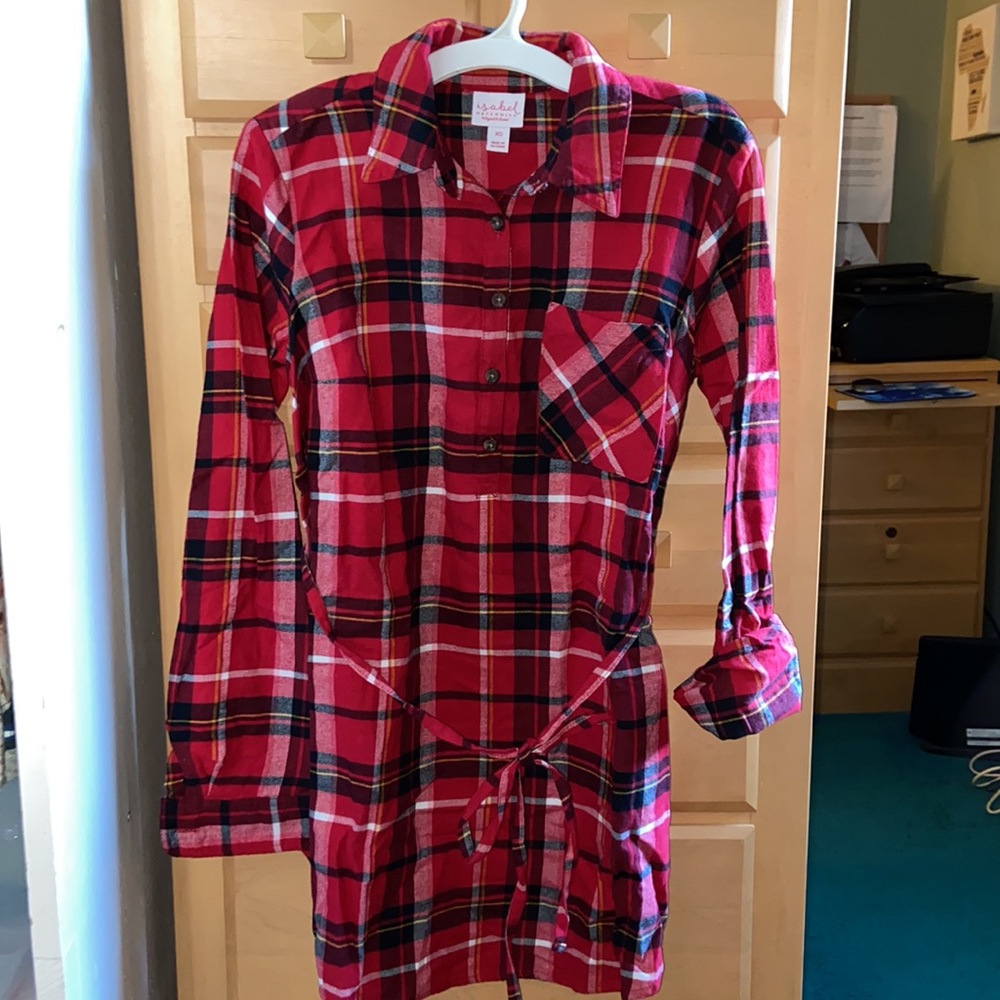 Flannel Plaid Collared Maternity Tunic Top w tie